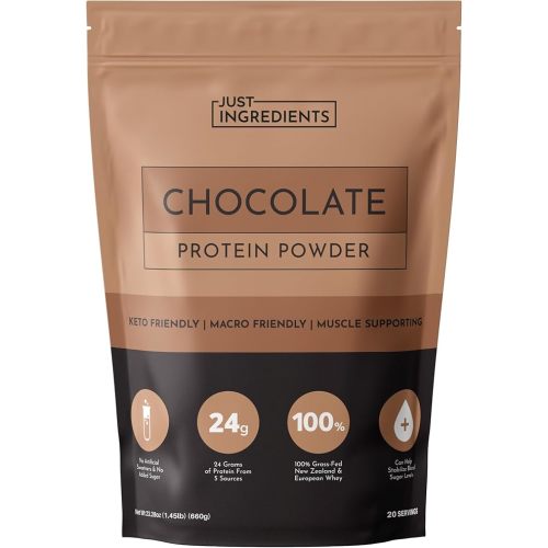 JUST INGREDIENTS Chocolate Protein Powder – 20-Serving Blend with 100% Grass-Fed Whey & Organic Plant Proteins – Rich Cocoa Flavor – Supports Muscle Recovery, Energy*