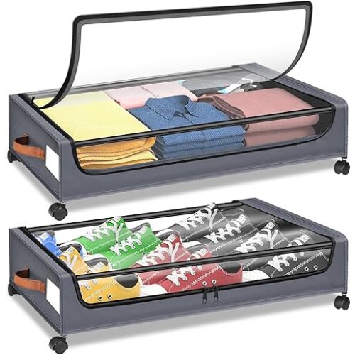 2Pcs Under Bed Storage with Wheels, Under Bed Storage Containers Box Bins, Rolling Drawers for Clothes Blankets Shoes Toys, Clothes Organizers and Storage, Easy to Pull out with PU Handles, Grey