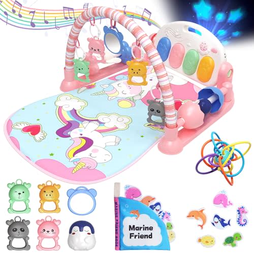 ESOLOM Baby Play Mat, Tummy Time Activity Mat Toys, Lovely Piano Baby Play Gym with 7 Infant Sensory Baby Toys, Baby Floor Play Mat for Newborn Baby 0-6-12 Months Girls(Unicorn)