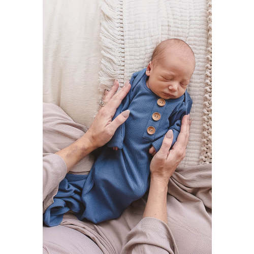 Steel Blue Ribbed Bamboo Baby Knot Gown & Hat
