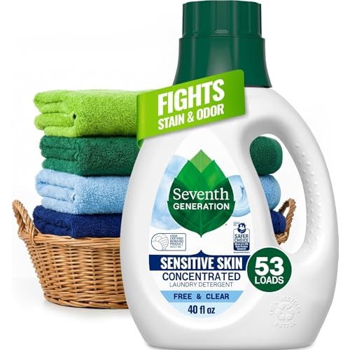 Seventh Generation Concentrated Free & Clear Laundry Detergent, 40 oz, No Dyes or Fragrance, Sensitive Skin Liquid Laundry Soap Targets Stains and Everyday Messes With Biobased Formula