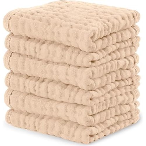 Comfy Cubs Muslin Baby Washcloths 6 Pack - Soft 6-Layer Cotton Wash Cloths for Sensitive Skin - 10"x10" Large, Gentle, Absorbent Infant Essentials for Newborn and Toddlers - Cream