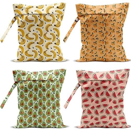 4 Pack Cute Fruit Wet Bag Waterproof Washable Reusable Wet Dry Bag for Swimsuit Dirty Clothes Cloth Diaper Travel Beach Pool Yoga Gym Toiletries Travel Beach Essentials Watermelon Avocado Banana