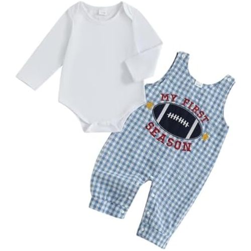 Newborn Baby Boy Football Outfit Long Sleeve Romper Football Embroidered Plaid Overall Pants 2Pcs Fall Clothes Set