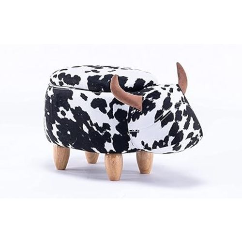 Home 2 Office Cow Ottoman for Kids' Bedroom, Playroom, Nursery, and Living Room, Animal Ottoman with Storage, Footstool for Kids, Black/White