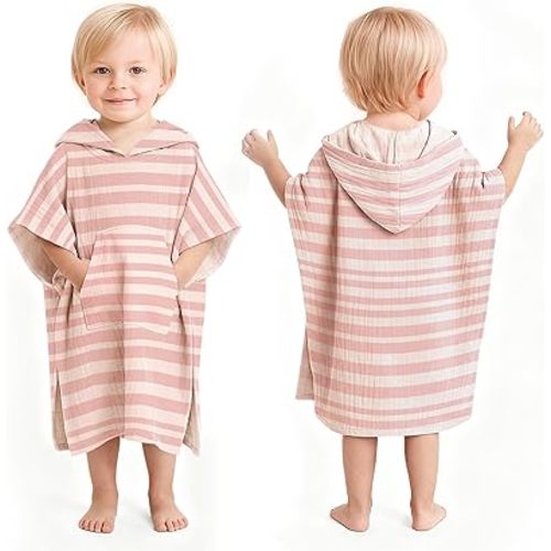 Konssy Muslin Hooded Bath Towels for Kids, 100% Cotton, Soft Quick-Dry Bath/Beach/Pool Towel Poncho with Front Pocket for Toddlers, Lightweight & Absorbent (1-3 Years)