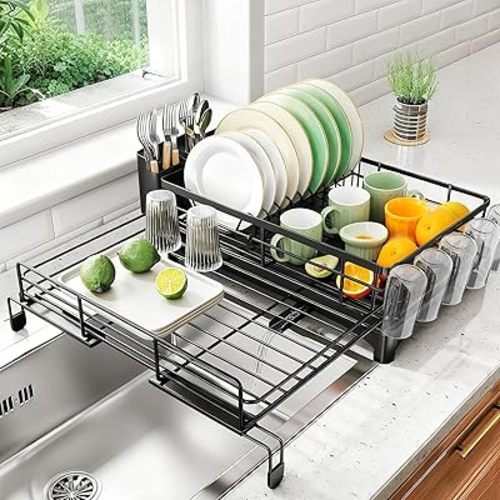 Bottle and Dish Drying Rack, Expandable Dish Drainers Organizer for Kitchen Counter, Over The Sink Dish Rack with Utensil Holder and Drainboard, 12.71"-21.71" L x 17" W, Black