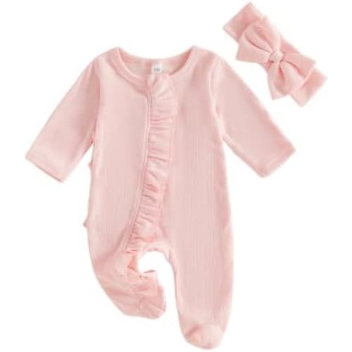 Ayalinggo Newborn Baby Romper Infant Girl One-piece Outfit Waffle Ruffle Zip Footie Spring Summer Clothes With Bow Headband