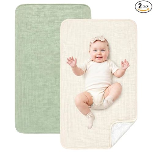 Eterish 2 Pack Waterproof Muslin Cotton Portable Changing Pad 30"x 17", Soft & Foldable Changing Pad Liner with Terry Backing, Travel Baby Changing Mat for Newborn Girls Boys