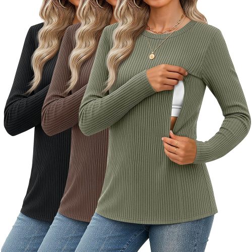 3 Pack Women's Nursing Shirts Ribbed Long Sleeve Breastfeeding Tops with Hidden Zipper Maternity Clothes