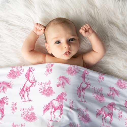 Pink Toile Horse Baby Blanket with Name Personalized Floral Horse Sherpa Blanket for Girls Cute Equestrian Fuzzy Blanket