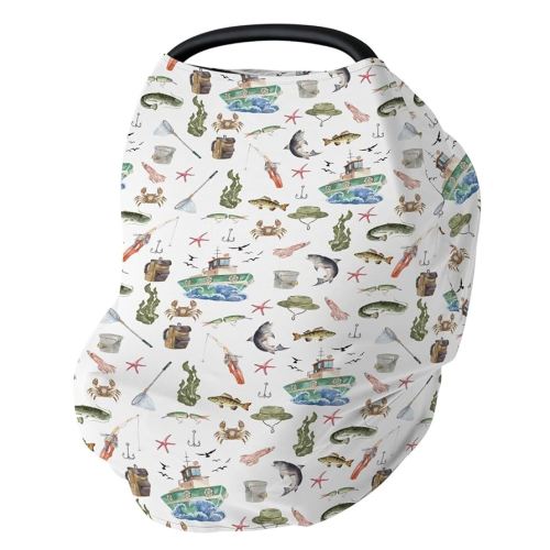 Gone Fishing Car Seat Cover for Babies Ocean Boats Fishes Crabs Seaweed Stretchy 5-in-1 Cover Adjustable Infant Carseat Canopy Cover Fishing Lovers Gift Nursery Breathable Nursing Cover-Up