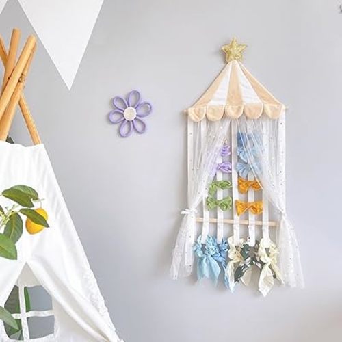 Hair Bows Holder, Hair Clips Storage Hanger Large Capacity, Hair Bows Organizer Wall Hanging for Girl Room, White Tulle Curtain Display, Wall Mounted Storage for Girls Headbands(Beige)