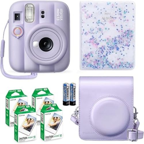 Fujifilm Instax Mini 13 Instant Camera Dreamy Purple + Fuji Film Value Pack (40 Sheets) + Tudak Accessories Bundle, Incl. Compatible Carrying Case, Quicksand Beads Photo Album 64 Pockets