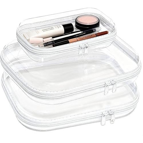 3PCS Clear Hard Plastic Zipper Case, Double Zippers Hard Pouch, Portable Travel Organizer Bin Clear Makeup Bag for Toy Storage, Snack Bag, Cosmetics, Pencil Case, Diaper Bag, Toiletry Bag (2M+1S)