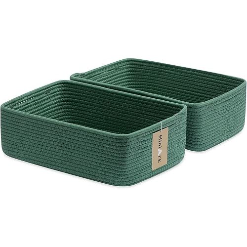 MiniArk Large Shallow Organizing Baskets 15x11x5.1 Inches - Rope Woven Storage Bins for Bathroom, Shelves, Cube Closet, Green 2 Packs