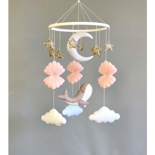 Ocean whale baby mobile, seashell nursery decor for baby girl, under the sea crib mobile, pink felt whale and moon mobile, baby shower gift