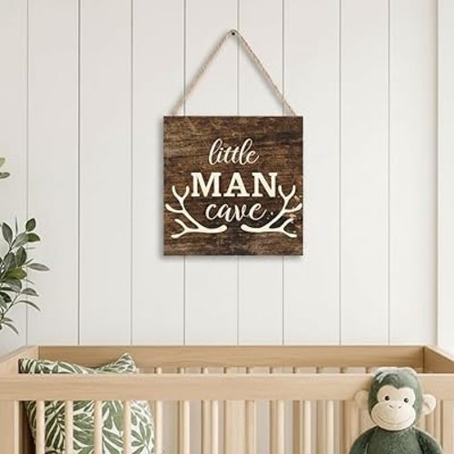 Little Man Cave Wood Sign Decor Home Vintage Little Man Cave Antlers Wood Pallet 7 x 7 Inch Rustic Brown Wall Hanging Sign Farmhouse Wall Decor for Baby Home Bedroom Living Room