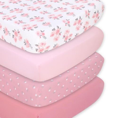 The Peanutshell Pink Roses Fitted Crib Sheet 4 Pack Set for Baby Girls
