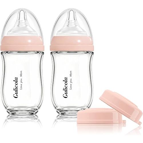 Gulicola Natural Glass Baby Bottle for Breastfeeding Babies, Newborn Anti-Colic Bottle Set with Slow Flow Nipple, 0-3 Months, 5 oz, 2 Pack - Pink