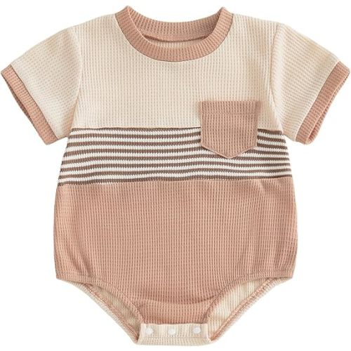 VISGOGO Unisex Baby Boy Girl Striped Romper Waffle Short Sleeve Bubble Oversized Romper Bodysuit Summer Onesie Clothes