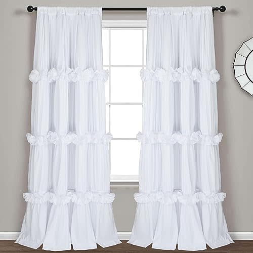 Thermal Insulated Blackout Window Curtains, 54" W x 84" L x 2 Panels, Boho Ruched Window Treatments with 3 Rows of Butterfly Flowers, Rustic Rod Pocket Drapes for Room, White (LQ-30)