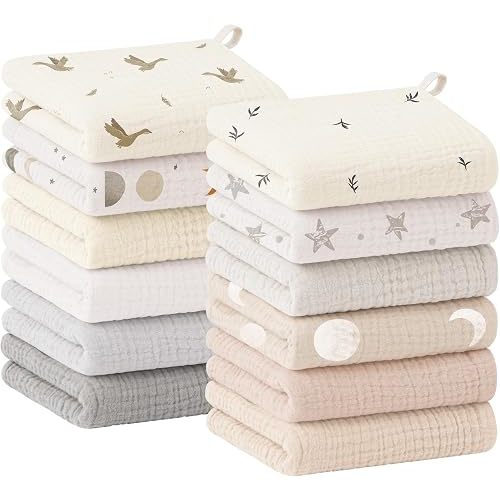 Bearmoss 12 Pack Baby Muslin Washcloths, 100% Cotton 10"x10" Face Towels