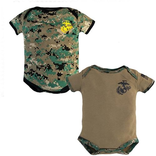 USMC Comfy Two Pack Baby Bodysuit With Marine Corps Logo (Woodland Camo - Coyote Brown, 0-3 Months)
