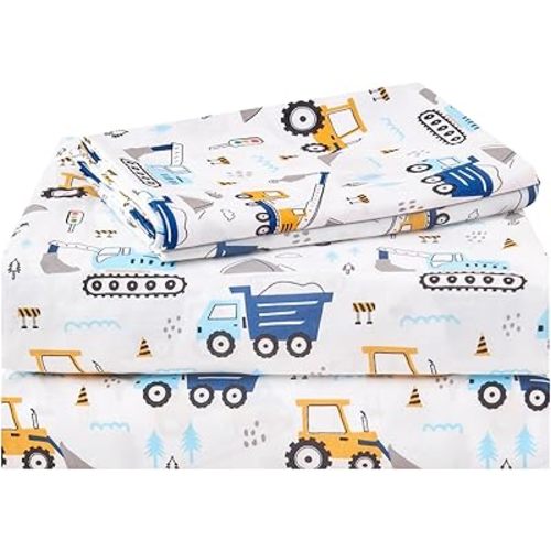 Kids Sheet Set Twin Size 3 Pcs, Boys Sheet Set with Blue Excavator Car Pattern,Kids Boys Twin Fitted Sheet,Breathable & Silky Soft Microfiber Fitted Sheet