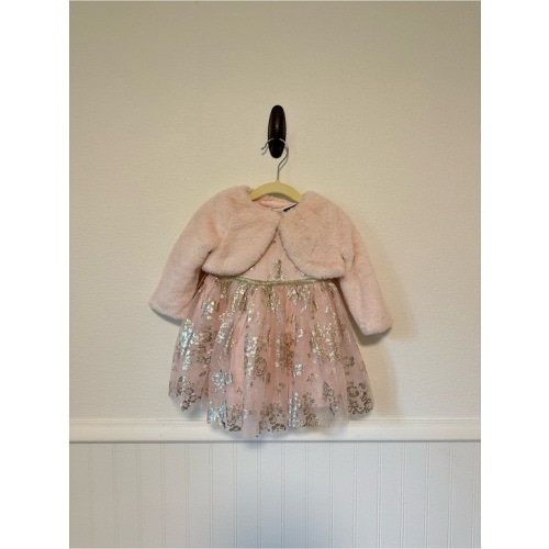 Zunie Baby Girl Pink Gold Foil Floral Dress Faux Fur Shrug Set 12M NWOT