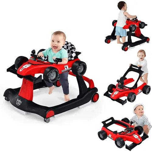 BABY JOY 4-in-1 Baby Walker, Foldable Activity Walker with Adjustable Height & Speed, Music, Lights, Anti-Rollover, Toddler Push Walker, Baby Walker with Wheels for Boys Girls 6-18 Months (Red)