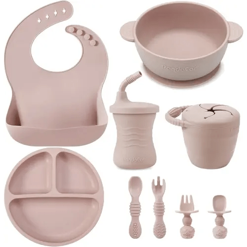 PandaEar Silicone Baby Feeding Set | 9PCS Baby Led Weaning Supplies Self Feeding Utensils | Divided Suction Plate Bowl Bibs Sippy Cup with Baby Snack Container Spoons Forks (Pink)
