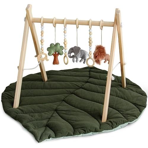 Wooden Baby Play Gym, Leaf Shaped Mat Baby Foldable Gym with 6 Hanging Toys