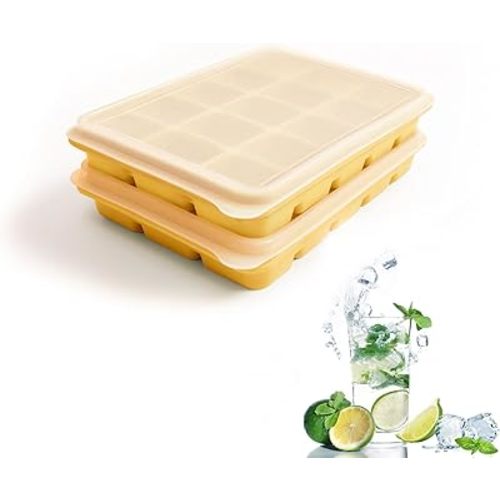 Tvmania Ice Cube Trays Set of 2, Easy Release 15 Flexible Silicone Ice Cube Molds with Removable Lid Reusable Freezer Ice Trays Stackable for Whiskey, Baby Food, BPA Free (yellow)