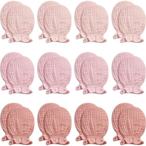 Pro Goleem Baby Mittens 12-pack for Newborn Boys & Girls, Soft Organic Cotton Muslin No Scratch Gloves with Elastic Strap,Infant Essentials 0-6 Months,Neutral Dusty Pink, Baby Registry Must Haves Gift