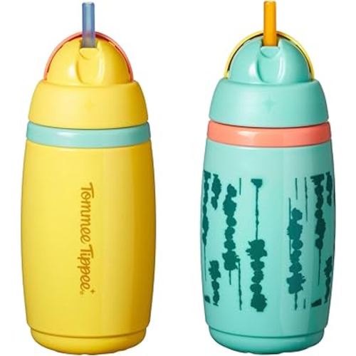 Tommee Tippee Insulated Active Straw Toddler Cup, 12m+, 9oz, with Silicone Straw and Leak-Proof Valve, Yellow and Green, 2 pack