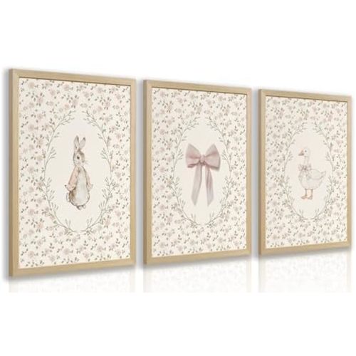PORENY Baby Girl Nursery Wall Art Set of 3, Pink Bow Rabbit Goose Canvas Prints, Cute Floral Nursery Decor, Vintage Neutral Animal Artwork for Girls Room Kids Bedroom Wood Framed 12x16 Inch