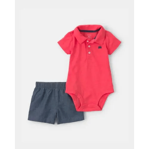 Baby Boy 2-Piece Polo Shirt & Short Set - Orange/Blue | Carter's