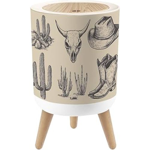 Small Trash Can with Lid Western Cowboy Cowboy Hat Boots Desert Cactus Cow Skull Southwestern 1.8 Gallon Dog Proof Trash Can Round Garbage Can Waste Bin Wastebasket for Bathroom Bedroom Kitchen