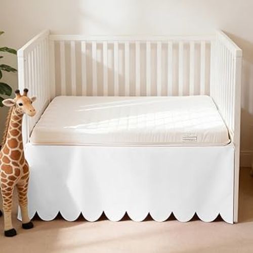 100% Cotton Scallop Edge Crib Bed Skirt, 28"x 52" with 14" Drop, 4-Sided Soft Breathable Cotton Bedding Skirt for Baby Boys Girls, Elegant Vintage Chic Boho Nursery Decor Toddler Bedskirt