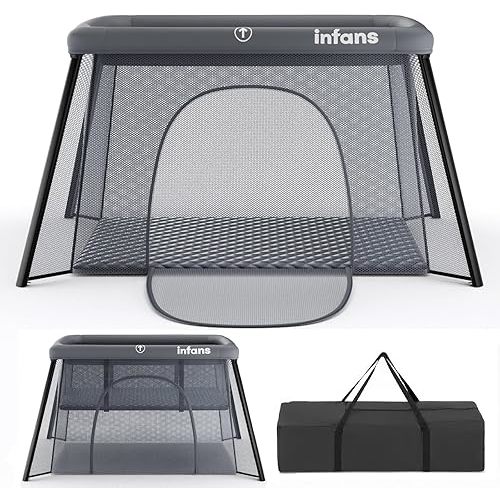 INFANS Travel Crib, Portable Baby Playpen with Removable Bassinet Soft Mattress Carry Bag, Foldable Lightweight Playard for Newborns Toddlers (Dark Gray)