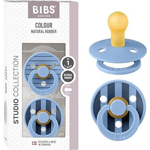 BIBS Pacifiers - Studio 2 Pack | Round Nipple Baby Pacifier | BPA Free Natural Rubber Latex Soother | Made in Denmark | Size 0+ Months | Pin Sky Blue