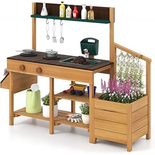 HONEY JOY Mud Kitchen, Cedar Wood Pretend Play Kitchen for Toddlers, Plant Growing Box & Trellis, Real Faucet w/Running Water, Sink, Accessories, Outdoor Kids Kitchen Playset for Garden Fun(Natural)