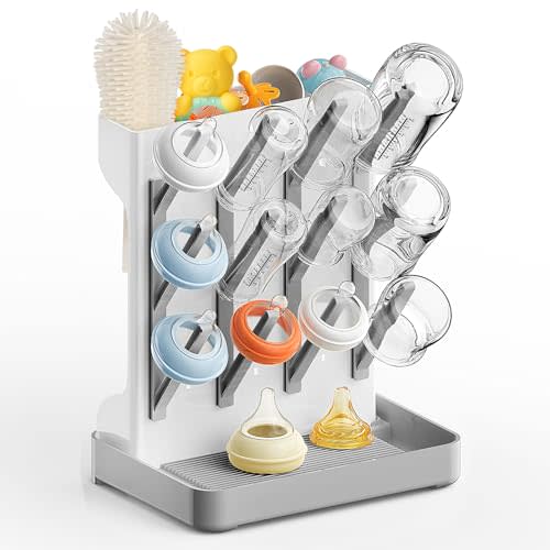 Baby Bottle Drying Rack: Vertical Space Saving Countertop Drying Rack - BPA-Free Baby Accessories Storage Stand Organize Brushes Pacifiers on Countertop - Elegant Grey