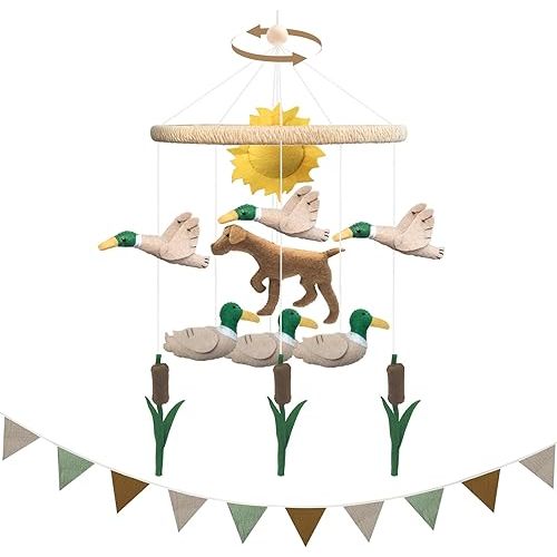 Mallard Duck Baby Crib Mobile Set with 7.75 ft Pennant Banner Flags Handmade Felt Mobile for Boys and Girls Duck Hunting Nursery Decor Birthday Party Decorations Baby Shower Newborn Gifts