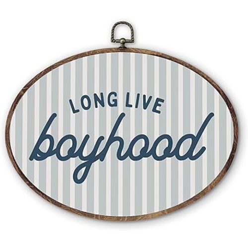 DILSJ Boy Nursery Oval Wall Art Decor, Long Live Boyhood Canvas Wall Art Framed, Vintage Blue Striped Playroom Hanging Decorations for Kids Toddler Little Boys Nursery Room Bedroom, 8.5x11 Inch