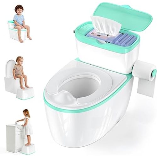 3-in-1 Toddler Potty Training Toilet with Flushing Sound, Wipes Storage & Toilet Paper Holder, Realistic Potty Chair with Detachable Seat and Easy-Clean Design for Boys & Girls Ages 18+ Months (Green)