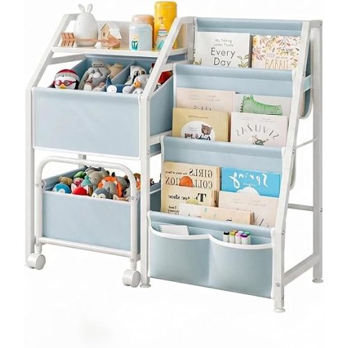 SUOERNUO Kids Bookshelf and Toy Storage Organizer with Bins 3 Tier Montessori Toddler Bookcase for Nursery Playroom Bedroom Wooden Book Shelf - White