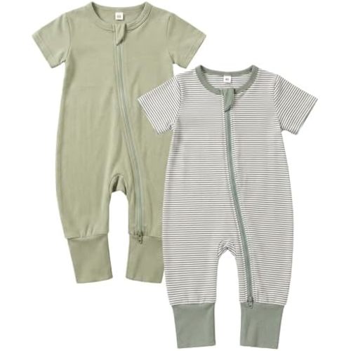 BeiVSlley Baby Boy Girl's 2 Pack Summer Short Sleeve Rompers Infant Cotton Coveralls Toddler Zip front Outfits Clothes