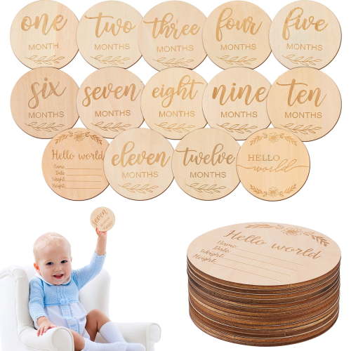 Baby Monthly Milestone Cards - Wooden Round Discs for Photo Props, Engraved Letters, 14pcs Set for Newborn Growth Tracking